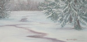 "Blizzard Juno 2015" Walpole, MA. oil, 12"x24" Rosemarie Morelli.  A backyard winter scene painted en Plein air as viewed through my studio window and in alla prima during a 5-hour segment of the storm's afternoon light.